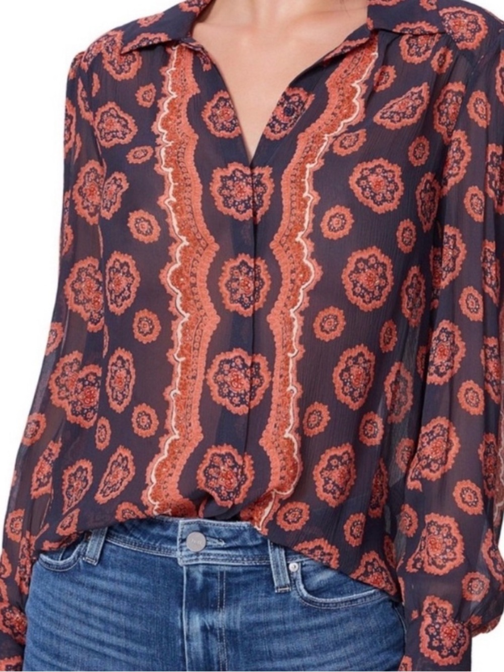 PAIGE Caraway Silk Blouse XS Boho Western Medallion Print Periscope Dahlia